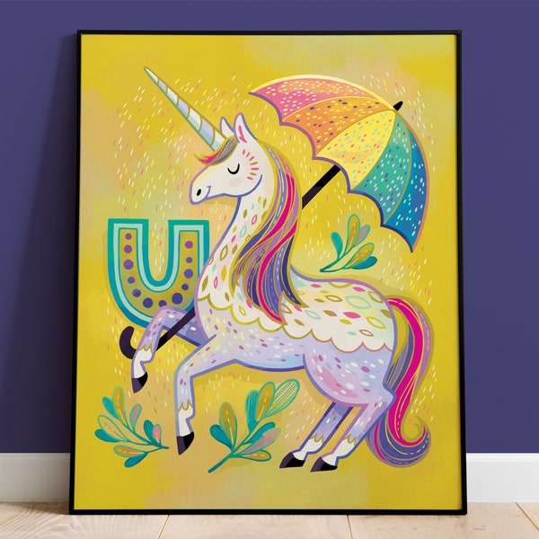 Unicorn Alphabet Art Print: Rainbow Umbrella, Kids Room Decor