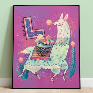 Nursery Art / Kids Room Decor / Kids Wall Art / Initial L / L for Llama with Lollipops / Baby Shower Gift / Illustration Print / Llama Art
