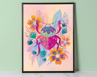 Beetle and Flowers Print / Bright Colorful Wall Decor / Pink and Orange Wall Art / Boho Decor / Floral Nature Illustration /Maximalist Decor