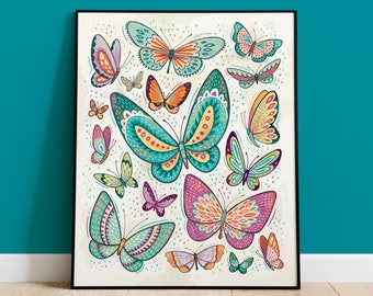 Colorful Butterfly Wall Art, Illustration Print of Hand Drawn Beautiful Bugs