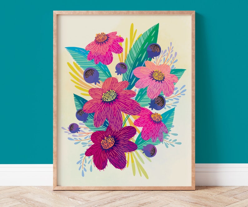 Colorful Wall Art / Flower Art / Boho Decor / Bright Wall Art / Botanical Print / Floral Print / Tropical Decor / Flower Print / Wall Art image 1