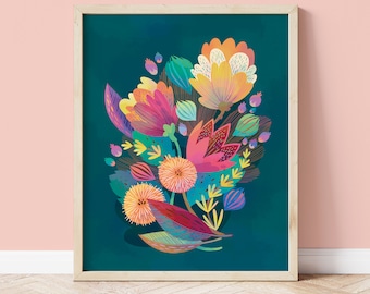 Colorful Flower Wall Art, Modern Floral Print in Navy, Pink, Orange and Green, Perfect for bright boho decor