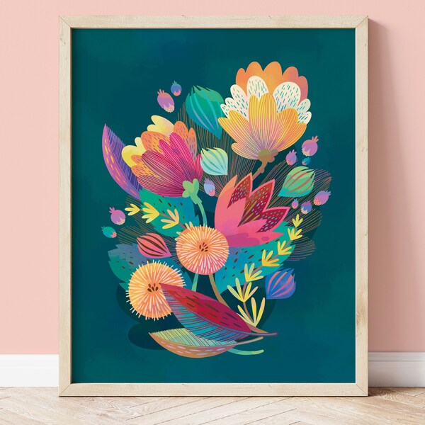 Colorful Flower Wall Art, Modern Floral Print in Navy, Pink, Orange and Green, Perfect for bright boho decor