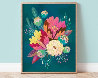 Teal Flower Art Print, Colorful Floral Poster with Pink, Yellow, Green Blooms, Maximalist Wall Decor for Your Home