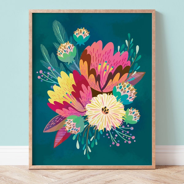 Impresión de arte de flores de color verde azulado, póster floral colorido con flores rosas, amarillas y verdes, decoración de pared maximalista para su hogar