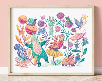 Vivero arte animales del bosque, linda y colorida decoración de la habitación de los niños con flores, plantas, oso, zorro, ardilla, tortuga