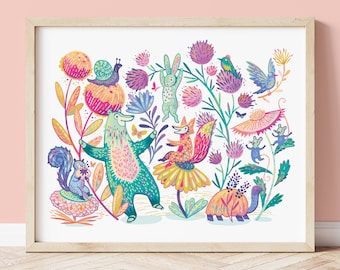 Woodland Animals Nursery Art: Colorful Floral Kids Room Decor