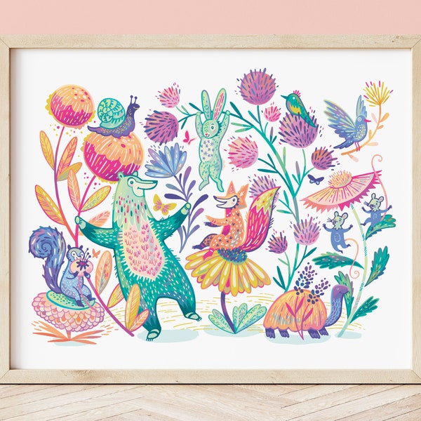 Nursery Art Woodland Animals, Cute Colorful Kids Room Decor with Flowers, Plants, Bear, Fox, Squirrel, Turtle