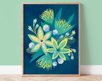 Bright Boho Flower Art / Navy and Green Flower Art / Tropical Plant Art / Botanical Print / Flower Print / Maximalist Decor