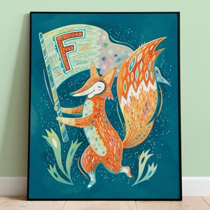 Nursery Kids Room Art, F para Fox Decor Print de la colección de carteles de animales del alfabeto, baby shower único o regalo de cumpleaños