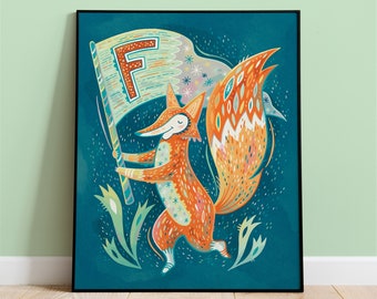 Nursery Kids Room Art, F for Fox Decor Print from Alphabet Animals Poster Collection, Unique Baby Shower or Birthday Gift