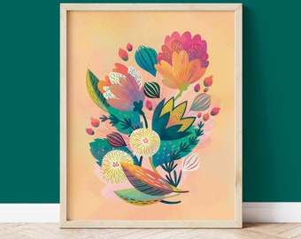 Colorful Flower Art Print, Floral Decor for Walls in Peach, Navy, Pink, Orange and Gold, the Ideal Bright Poster for Eclectic Homes