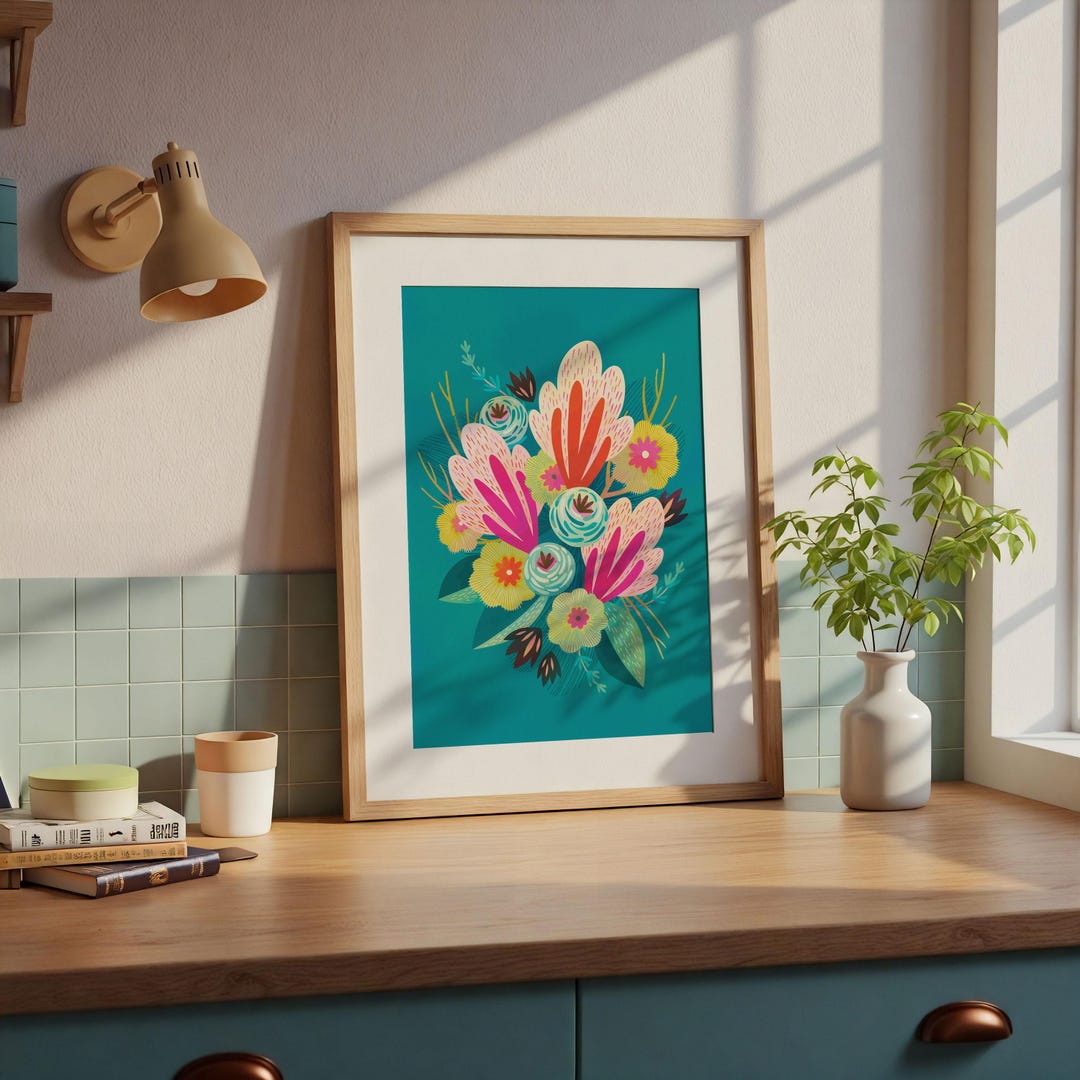 Colorful Floral Giclée Print: Turquoise & Pink Flower Illustration - Etsy