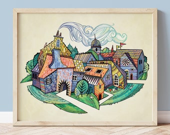 Fairy Tale Village Art / Colorful Nursery Illustration / Colourful Kids Room Decor / Whimsical Child Bedroom Poster / Illustration Print