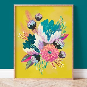 Colorful Flower Wall Art, Bright Gold, Teal, Pink and Turquoise Floral Decor Poster, Ready to Frame