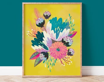 Colorful Flower Wall Art, Bright Gold, Teal, Pink and Turquoise Floral Decor Poster, Ready to Frame