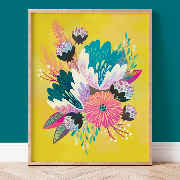 Arte colorido de la pared de flores, cartel de decoración floral dorado brillante, verde azulado, rosa y turquesa, listo para enmarcar