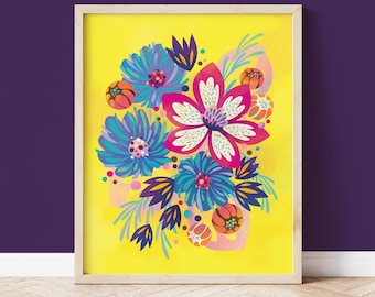 Colorful Wall Art, Flower Poster in Bright Colors, Maximalist Boho Gallery Wall Art in Yellow, Teal, Pink