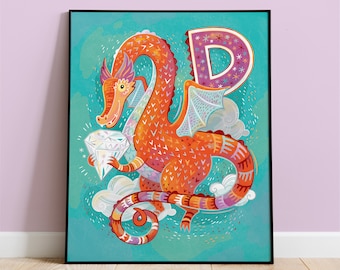 Dragon Kids Room Poster, Initial D Nursery Decor and New Baby Gift of Wall Art