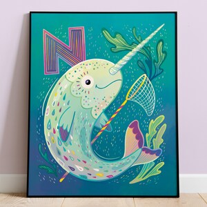 Narwhal Kids Room Art, Letra N Alfabeto Animal Print para guardería, nuevo bebé, decoración del dormitorio de los niños y regalo de cumpleaños único