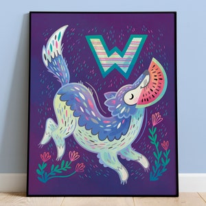 Decoración de arte de la habitación para niños, W para impresión inicial de lobo, regalo de bebé único y especial o decoración del hogar, colgante de pared colorido