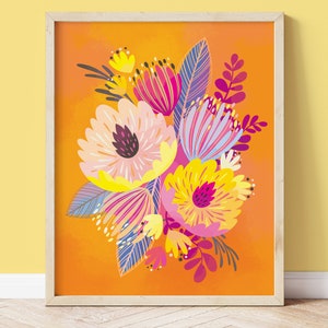 Orange Pink Flower Art, Colorful Wall Decor, Bright Floral Poster for Boho Maximalist Eclectic Home image 1