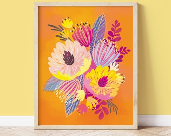 Orange Pink Flower Art, Colorful Wall Decor, Bright Floral Poster for Boho Maximalist Eclectic Home