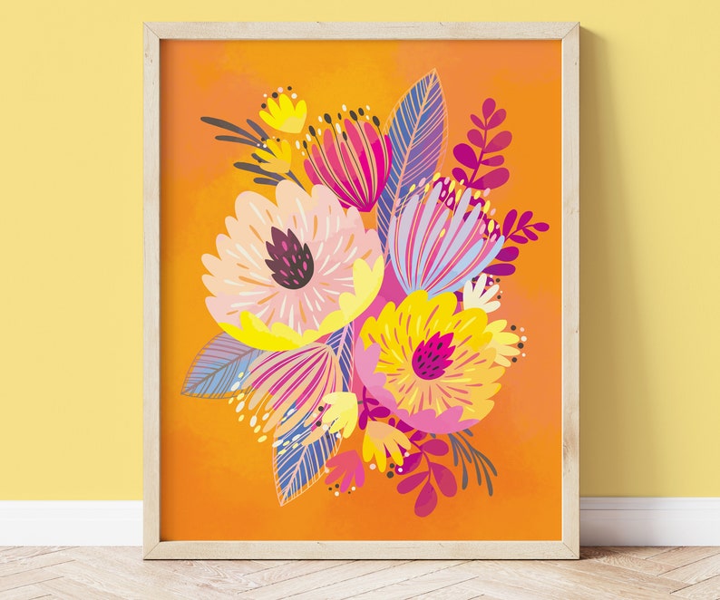 Orange Pink Flower Art, Colorful Wall Decor, Bright Floral Poster for Boho Maximalist Eclectic Home image 1