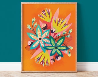 Pink Orange Flower Art Print, Tropical Themed Plant Wall Decor for Boho Eclectic Home