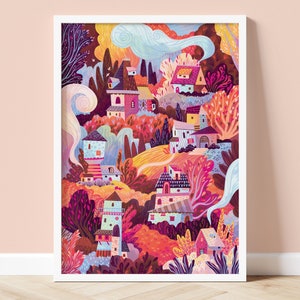 Impression d'art confortable village de conte de fées : illustration colorée fantaisiste