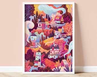 Cozy Houses Wall Art, Whimsical Bright Art Print, Fairy Tale Village Illustration Poster, Colorful Art Print in Pinks, Purples and Blues