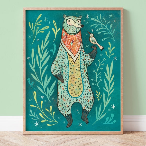 Kids Room Decor / Nursery Art / Kids Room Art / Bear and Bird Art Print / Woodland Animals Art / Colorful Wall Art / Cute Animal Poster