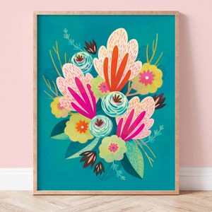 Arte de pared colorido, estampado de flores en turquesa brillante y rosa para galería de pared, sala de estar, dormitorio o habitación