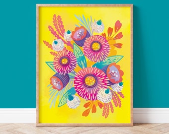 Heldere bloemkunstprint, kleurrijk bloemenkunstwerk voor wanddecoratie in geel, roze, groen, oranje en paars