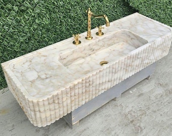 Calacatta Gold Marble Sink | Hand-Carved Ribbed Stone | Vanity or Wall-Mounted Sink | Custom Sizes Available