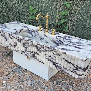 Calacatta Viola Marble Sink | Hand-Carved Ribbed Stone Basin | Luxury Vanity or Wall-Mounted Sink | Custom Sizes Available