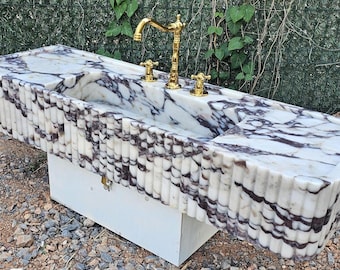 Calacatta Viola Marble Sink | Hand-Carved Ribbed Stone Basin | Luxury Vanity or Wall-Mounted Sink | Custom Sizes Available