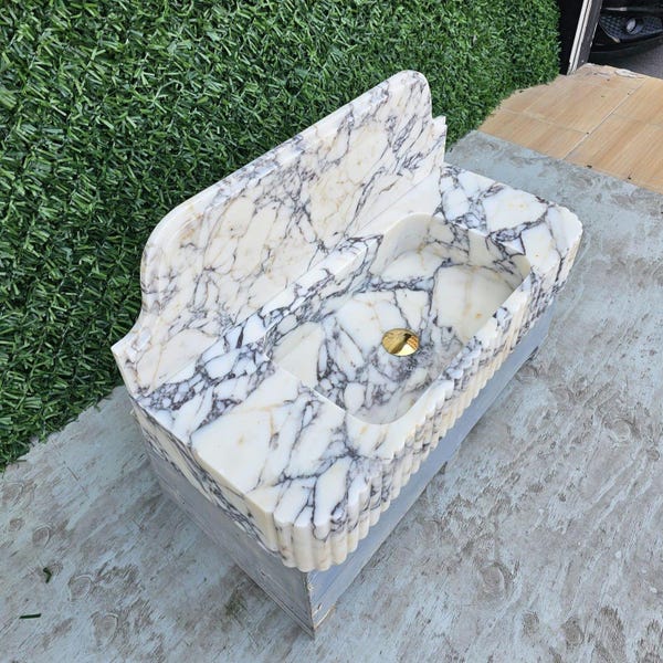 Marble Sink with Backsplash, Natural Calacatta Viola Stone