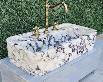 Marble Vessel Sink – Custom Wall Mounted Bathroom Calacatta Viola Stone Basin