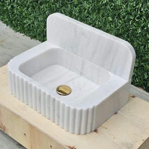 Turkish Carrara White Marble Sink with Backsplash Custom Bathroom Stone Basin