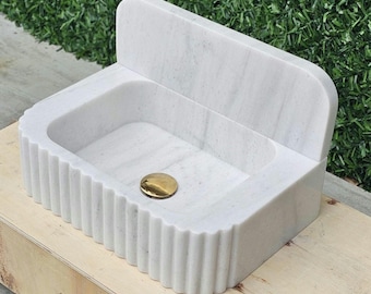 Turkish Carrara White Marble Sink with Backsplash Custom Bathroom Stone Basin
