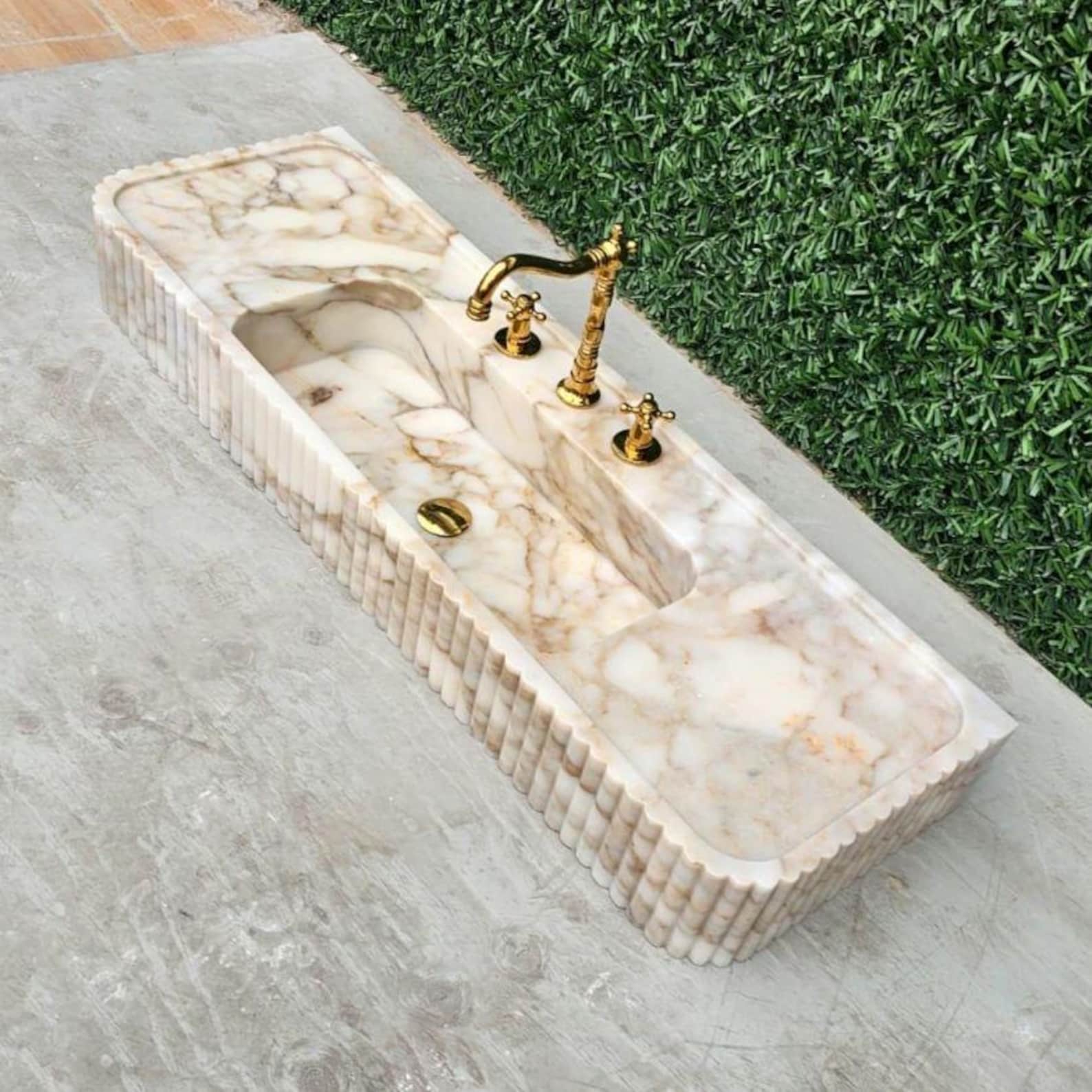 Calacatta Gold Marble Sink | Ribbed Texture, Wall-mounted or Vanity - Etsy