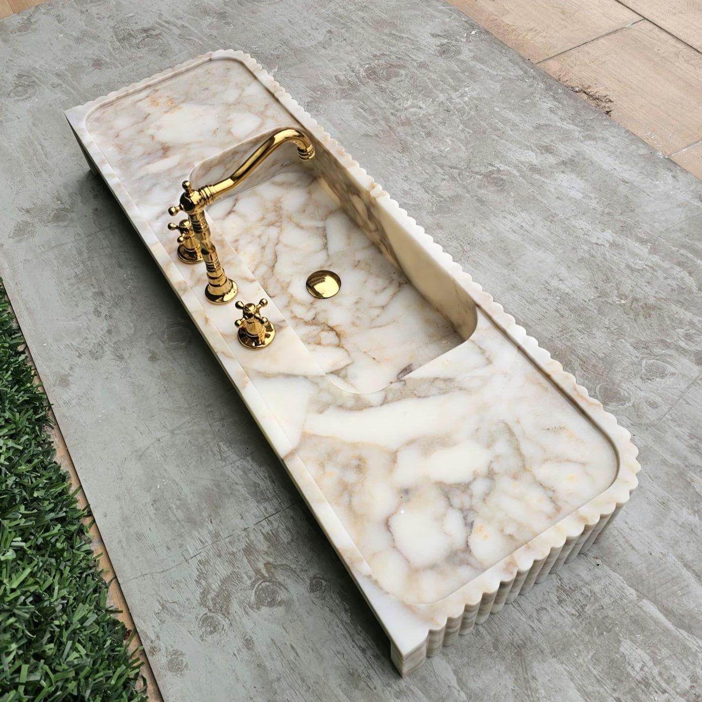 Calacatta Gold Marble Sink | Ribbed Texture, Wall-mounted or Vanity - Etsy