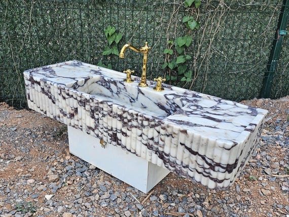 Calacatta Viola Marble Sink | Hand-Carved Ribbed Stone | Vanity or Wall-Mounted Sink | Custom Sizes Available