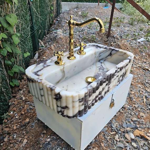 Calacatta Viola Marble Sink | Handcrafted Ribbed Washbasin