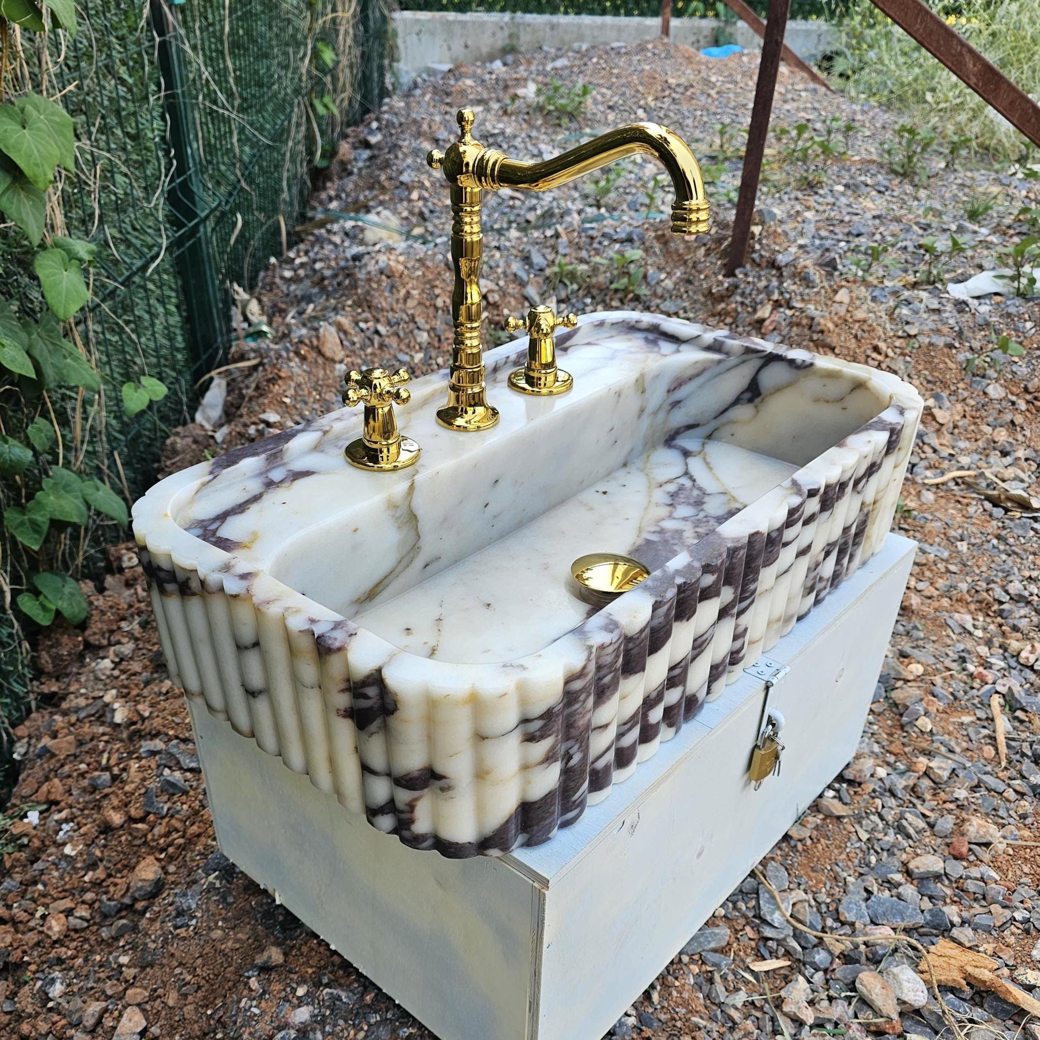 Calacatta Viola Marble Sink with Ribbed Texture on Three Sides| Handcrafted Natural Stone Washbasin | Wall Mount Bathroom Sink | Custom Sink