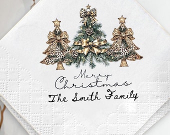 Personalized Christmas Napkins with Leopard Christmas Trees, Custom Family Name Holiday Napkins, Merry Christmas Party Table Decor