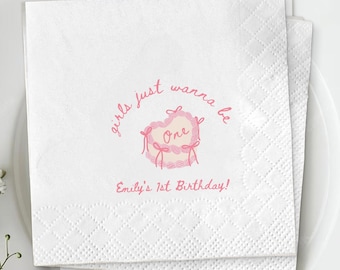 Girls Just Wanna Be ONE 1st Birthday Napkins, Coquette Bow Party Napkins, Personalized Name, Retro Cake First Birthday Decor