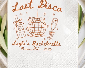 Last Disco Bachelorette Party Napkins, Personalized Disco Ball Cocktail Napkins, Bride To Be Bach Decor, Disco Ball Napkins