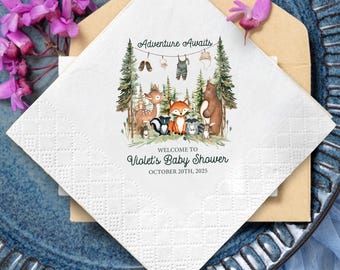 Forest Baby Shower Napkins, Adventure Awaits Woodland Napkins, Baby Shower Tableware, Cute Forest Animal Party Decor, Pumpkin Garden Napkins